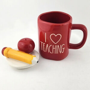 ⭐️2/ $60⭐️ Rae Dunn  Artisan Coffee Mug & Topper Red Large Letters I ❤️ TEACHING